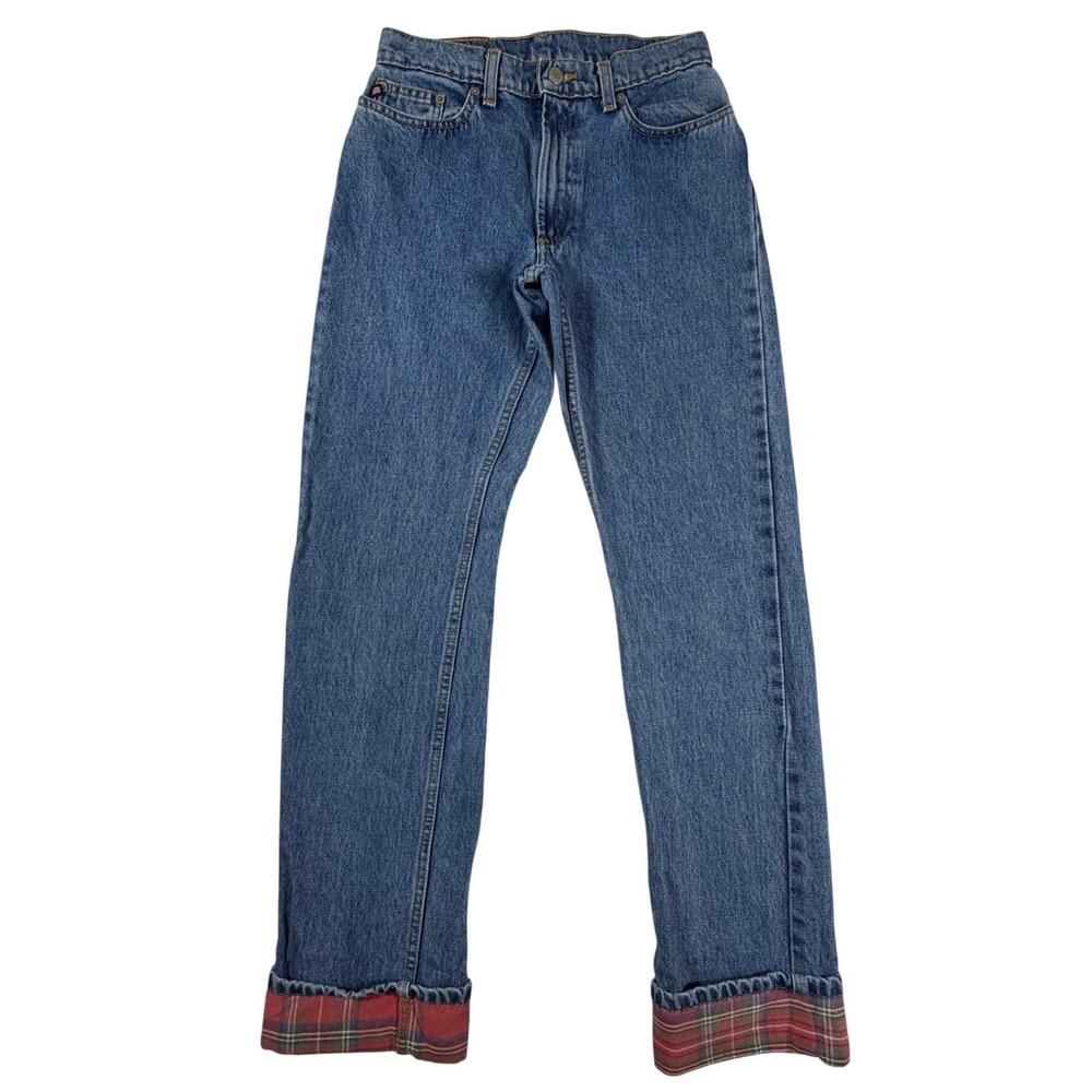 Vintage 90s Polo Ralph Lauren Flannel Cuff Jeans Blue‎ Medium Wash Plaid 28x31
